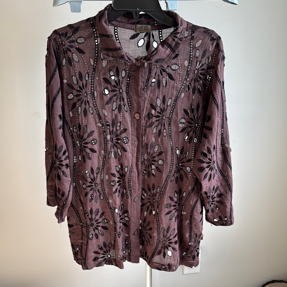 Brown Embellished Blouse with Long Sleeves and Mandarin Collar
